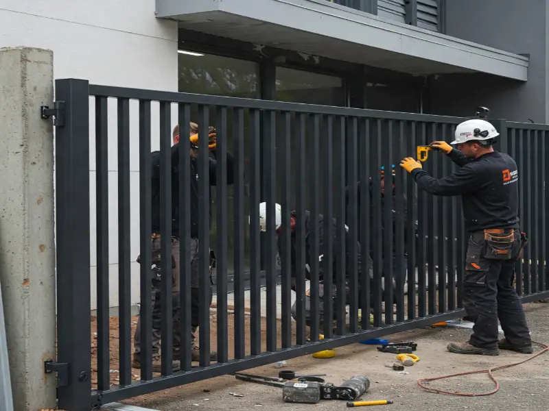 Steel gate installation in progress, showcasing professional craftsmanship and secure, durable entry solutions for residential or commercial properties