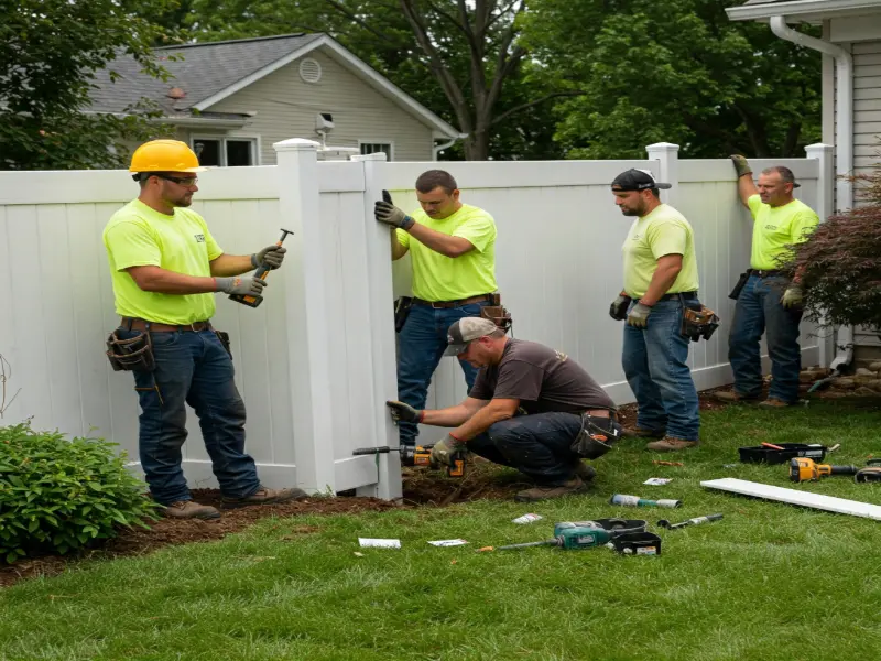Fence installing by a contractor using power tools to secure wooden panels in a suburban backyard