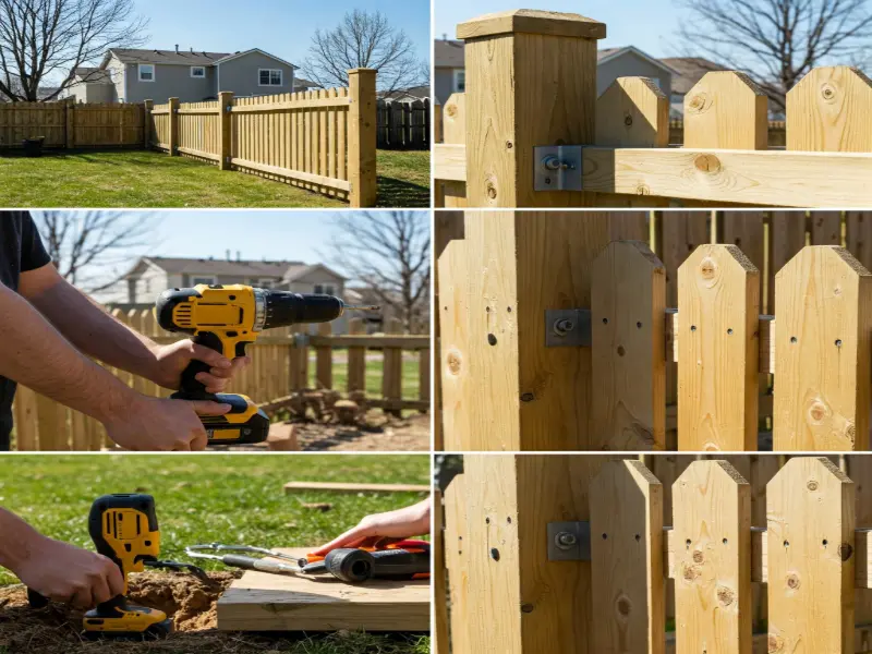DIY fence installing in a residential yard, with a homeowner assembling wooden panels and securing posts to create a custom boundary