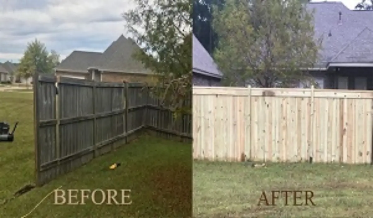 Before and after fence and gate repair showing transformation from worn, damaged panels to restored, secure fencing with a functional gate