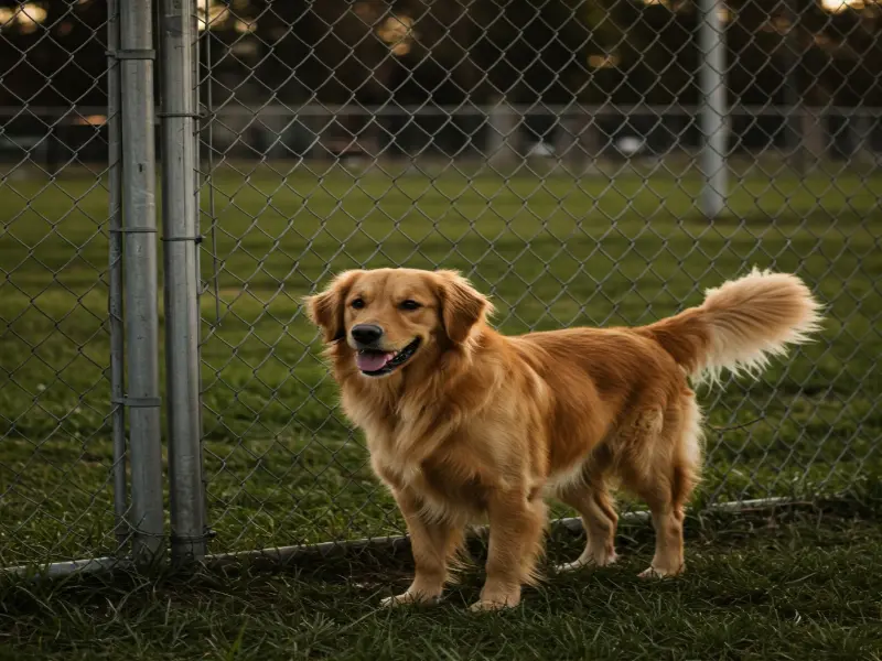 Dog chain link fence enclosing a backyard, providing a secure and visible boundary for pets to play safely outdoors