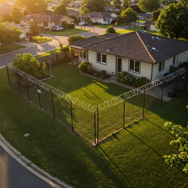 Barbed wire fence installed for enhanced security around a commercial property, providing a deterrent against unauthorized access