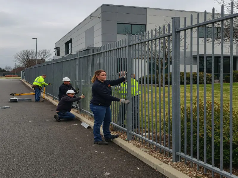 Commercial fence installation at a business property, with a team securing durable fencing for enhanced security and perimeter control