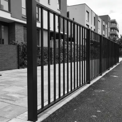 Contemporary steel fence with sleek vertical bars and matte black finish, enhancing security and modern curb appeal in urban settings