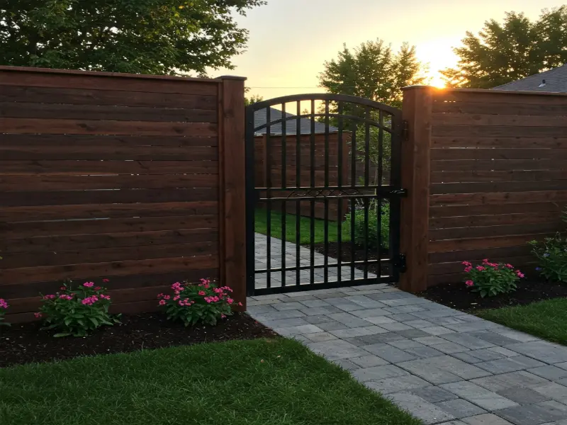 Custom fence with a matching custom gate installed for a residential property, offering tailored security and aesthetic appeal