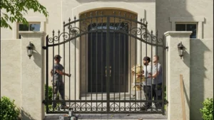 Custom gate installation in progress, with a skilled technician securing a unique gate design for residential or commercial property entry
