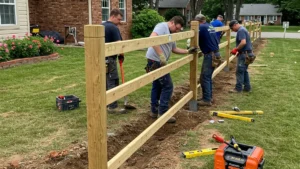 Fence installation in a residential backyard, with professionals setting posts and aligning panels to enhance privacy and property value