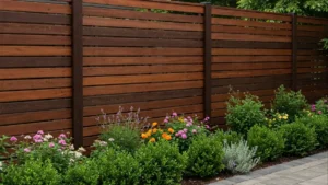 Modern backyard fence with clean lines and dark-toned panels, adding privacy and contemporary style to an outdoor living space