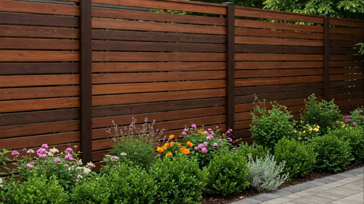 Modern backyard fence with clean lines and dark-toned panels, adding privacy and contemporary style to an outdoor living space