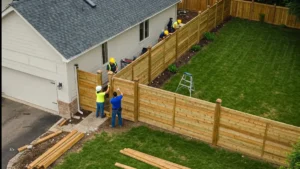 Installing fence around residential property, with a team securing posts and panels to define boundaries and enhance privacy