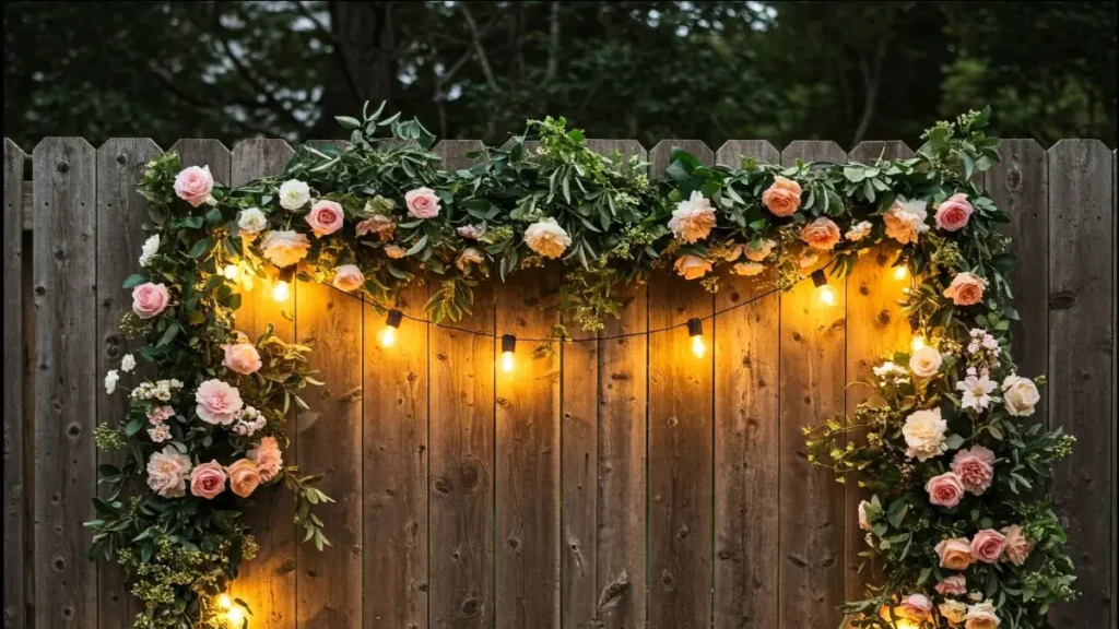 Fence decorated with vibrant plants and sparkling lights for New Year, creating a festive and welcoming atmosphere for the holiday season