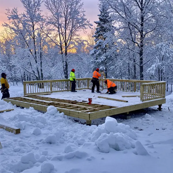 Deck installation team building a deck in the winter
