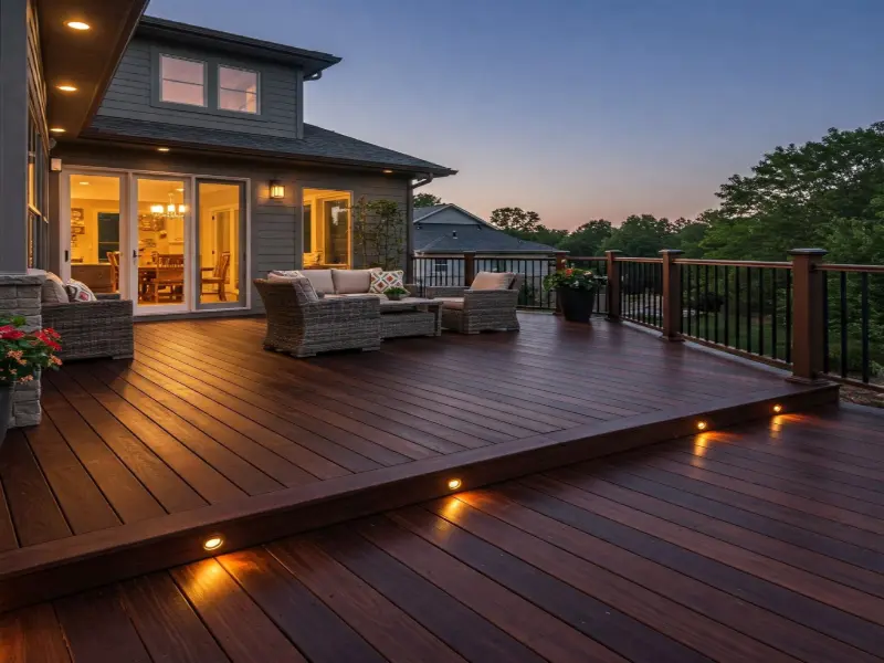 Custom deck built in modern home with integrated lighting