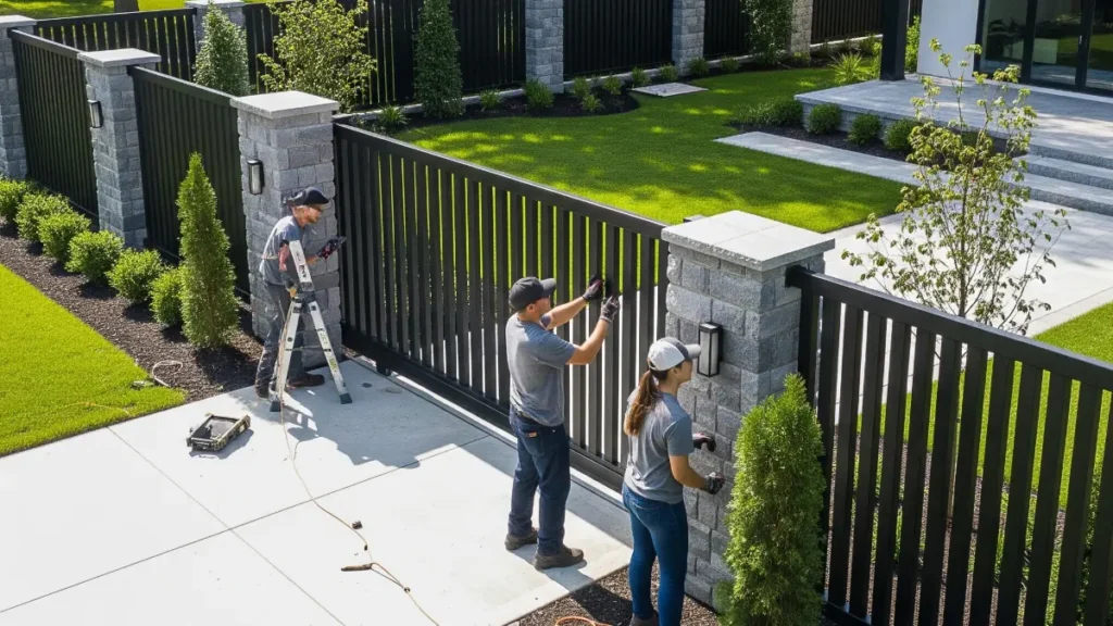 A professional photograph capturing a view of a modern, well-secured property in Buffalo, NY, with a sleek, black metal fence installed by a team of professional fencing experts. The fence features a contemporary design with sharp angles and vertical lines, creating a secure barrier without obstructing the view of the property's beautiful landscape. A team of two professionally dressed installers, one male and one female, are meticulously working on a section of the fence, showcasing their expertise and attention to detail. The scene is lit by natural sunlight, enhancing the sleek, black finish of the fence and highlighting the precision of the installation. The background features a beautifully landscaped garden and a modern, well-maintained home, representing the value and aesthetic benefits of professional fence installation. The photograph is styled as a clean, architectural shot, using a drone camera to provide a wide aerial view of the property and fence, emphasizing the security and quality craftsmanship.
