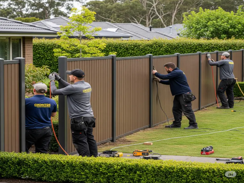 A professional, high-quality image showcasing a newly installed fence, with a team of skilled fence installers meticulously working on the final details of the project. The fence panels are crafted from durable, high-grade materials, featuring a sleek, modern design with a dark brown finish that blends harmoniously with the surrounding landscaping. The fence stands tall and sturdy, with impeccable craftsmanship evident in every joint and connection. The installers are dressed in their work attire, wearing protective gear and using professional-grade tools, highlighting their dedication to quality and precision. The setting is a residential neighborhood with lush green lawns and neatly trimmed hedges, emphasizing the fence's role in enhancing both security and aesthetics. The scene is bathed in soft natural light, accentuating the fence's smooth texture and overall visual appeal. The image conveys a sense of security and professionalism, capturing the essence of a fence installation done right.