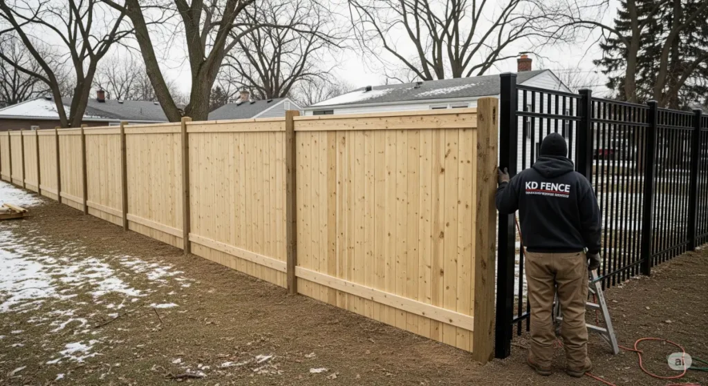 A high-quality, professional photograph showcasing a newly installed fence surrounding a property in the Buffalo, NY area, with a focus on security and durability. The fence could be a classic cedar or a more modern metal design. The image should emphasize the fence's strength, weather resistance, and overall aesthetic appeal for a blog post about securing property with fencing. A KD Fence employee in KD Fence attire can be subtly present in the photo, perhaps working on the fence's installation to convey professionalism and expertise. The background could subtly feature a snowy Buffalo landscape to enhance the local context. The camera angle could be a wide shot to feature the entire property and fence, with a natural light and a muted color palette to convey a sense of security and peace of mind for homeowners. The photo should capture the essence of safety and security that a KD Fence installation offers in the Buffalo, NY area.