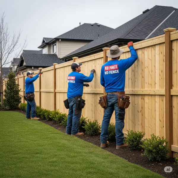A 1:1 aspect ratio image showcasing a residential fence installation project, emphasizing the KD Fence attire worn by the workers when applicable. The scene focuses on the fence itself, highlighting the materials, construction techniques, and overall design. The fence stands tall against a backdrop of a well-kept lawn and manicured shrubs, offering a sense of security and privacy to the home. No human faces are visible, preserving the anonymity of the workers and the homeowners. The lighting is soft and natural, offering a detailed view of the fence's color and texture. The photograph showcases the expertise of the KD Fence crew, emphasizing the quality of the installation and the overall aesthetics of the completed fence project.