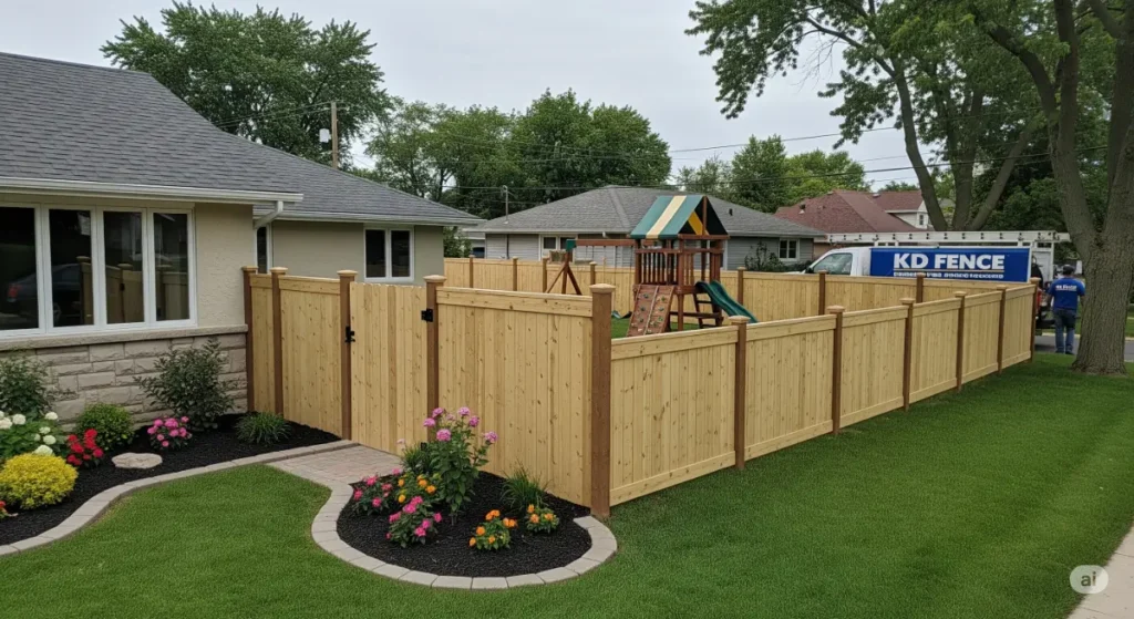 A vibrant, high-definition image of a residential property in Buffalo that has recently had a fence installed by KD Fence. The fence's material (wood, vinyl, metal) and style should be visible, with attention to detail such as posts and gates, if applicable. A focus on the aesthetic appeal of the newly installed fence and how it enhances the home's curb appeal. The photo incorporates elements that showcase the benefits of a fence, such as a manicured lawn, blooming flower gardens, or a child's playset within a safely enclosed area. A subtle KD Fence truck or worker wearing a branded shirt, can be featured if possible, while no faces are shown in the picture. The photo is taken on a clear day with natural lighting to emphasize the fence's beauty and durability, showcasing a sense of security and peace of mind in the neighborhood.