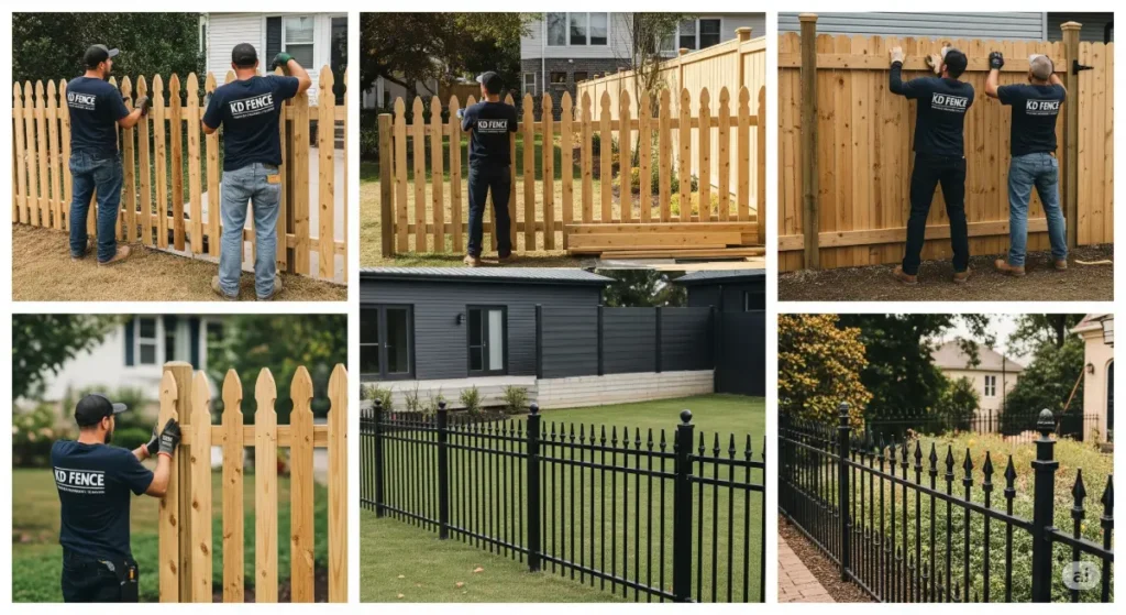 A collection of detailed images, capturing the essence of outdoor fences for a blog post about KD Fence. The photos feature various styles of fences, highlighting wooden picket fences with KD Fence employees installing them in a suburban setting, a privacy fence in a modern backyard, and a black wrought iron fence around a historic garden. The images are all taken with natural light, and the color palette is a mixture of warm and cool tones, depending on the type of wood or metal used. The composition of the shots focuses on the fences themselves, with the surrounding environment acting as a backdrop. There's a consistent attention to detail, showcasing the quality of KD Fence products in different outdoor environments. A warm color palette creates an inviting and informative aesthetic, encouraging viewers to consider KD Fence solutions for their outdoor needs.