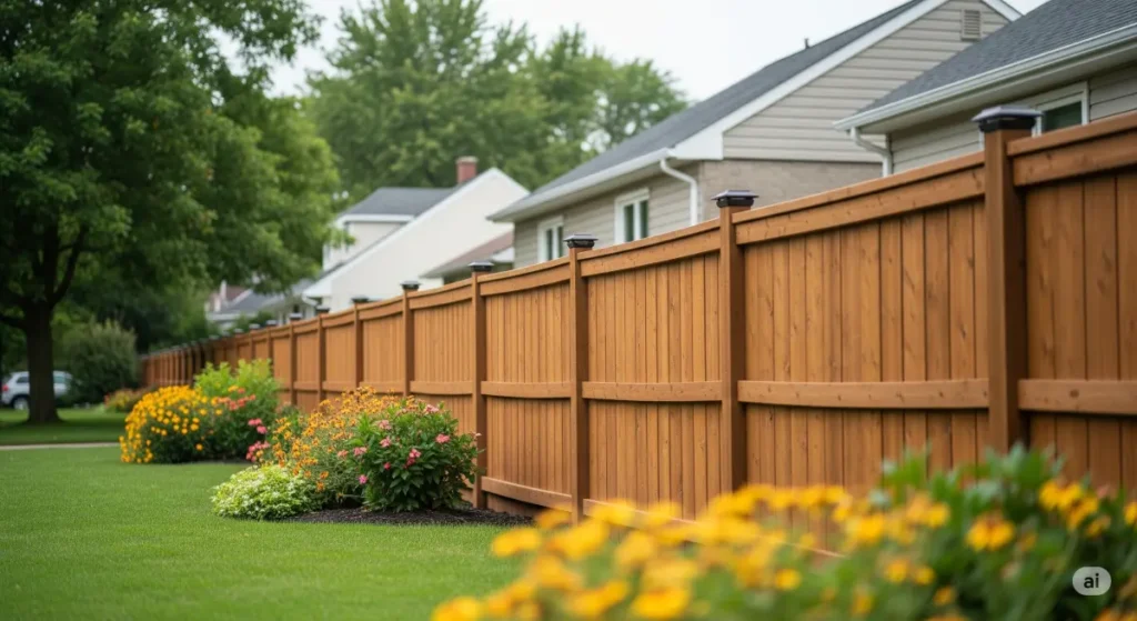 A high-quality, professional photograph showcasing a recently installed, sturdy wooden fence in a Buffalo neighborhood, with a lush green lawn and vibrant flowerbeds in the foreground. The fence is the central focus, with a warm, inviting aesthetic featuring a rich brown stain and clean, precise craftsmanship. The image evokes a sense of security, privacy, and quality, highlighting KD Fence & Deck Services' commitment to providing durable and affordable fencing solutions. The natural light creates a soft, inviting glow, and a shallow depth of field subtly blurs the background to draw attention to the fence's construction and aesthetic appeal. The photo emphasizes the fence's integrity and seamless integration with the surrounding landscape, suggesting that KD Fence & Deck Services is the ideal partner for homeowners in Buffalo seeking dependable and budget-friendly fencing solutions.
