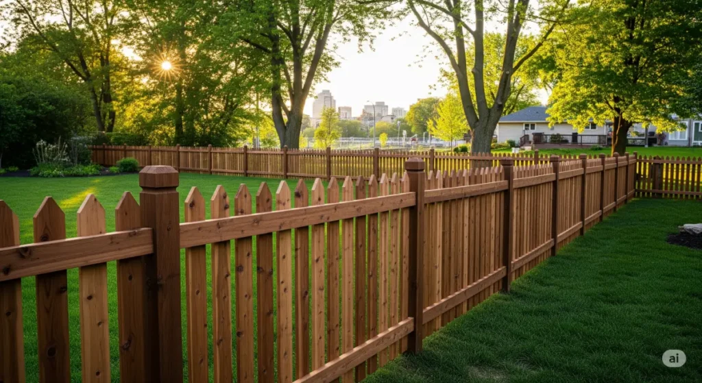 A high-quality, professional photograph showcasing a pristine, newly installed cedar wood fence in a lush, green Buffalo backyard. The fence features a classic picket design with a rich, dark brown stain. The background is a beautifully landscaped backyard with vibrant green grass and mature trees, showcasing a quintessential Buffalo residential scene. The sun is setting, casting a warm, golden light that accentuates the texture and craftsmanship of the fence. A hint of the cityscape of Buffalo is visible in the distance. The image's focus is entirely on the fence, illustrating KD Fence & Deck Services' commitment to quality and craftsmanship, without including any individuals. This stunning image embodies the company's position as the premier residential fence company in Buffalo, with a composition optimized for a blog post featured image.