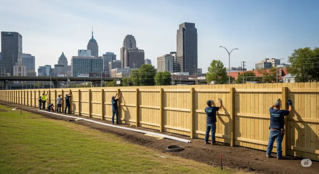 A professional, high-quality photograph showcasing a recently installed, sturdy commercial fence in Buffalo, NY, with a backdrop of a bustling cityscape. The fence is made of durable materials, such as metal or wood, and is perfectly aligned and maintained. A diverse group of workers from a local fence company in Buffalo, NY, are seen completing the final touches, showcasing their expertise and attention to detail. The image emphasizes the quality and craftsmanship of the fence while highlighting the company's commitment to delivering exceptional results for commercial clients. A wide-angle shot captures the entire fence installation and surroundings, with a clear, crisp sky and natural lighting illuminating the scene.