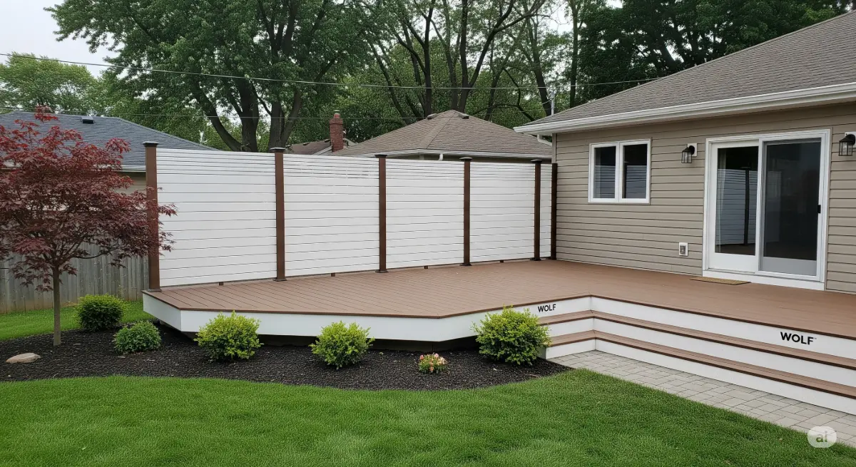 A beautifully composed wide-angle shot captures a pristine Wolf deck and fence installation in a Buffalo, NY, backyard in 2025. The decking and fencing are the focal points, showcasing the quality and craftsmanship of the Wolf products. The color palette is warm and inviting, with natural light illuminating the scene. The surroundings show a well-maintained lawn and beautiful landscaping, enhancing the overall aesthetic appeal. The composition emphasizes the seamless integration of the deck and fence with the surrounding landscape. This outdoor scene captures the essence of relaxation and outdoor enjoyment, ideal for featuring on a blog post about the best Wolf decking and fence installers in Buffalo, NY, in 2025. The shot should carefully avoid including any human faces within the frame, focusing solely on the quality of the project.