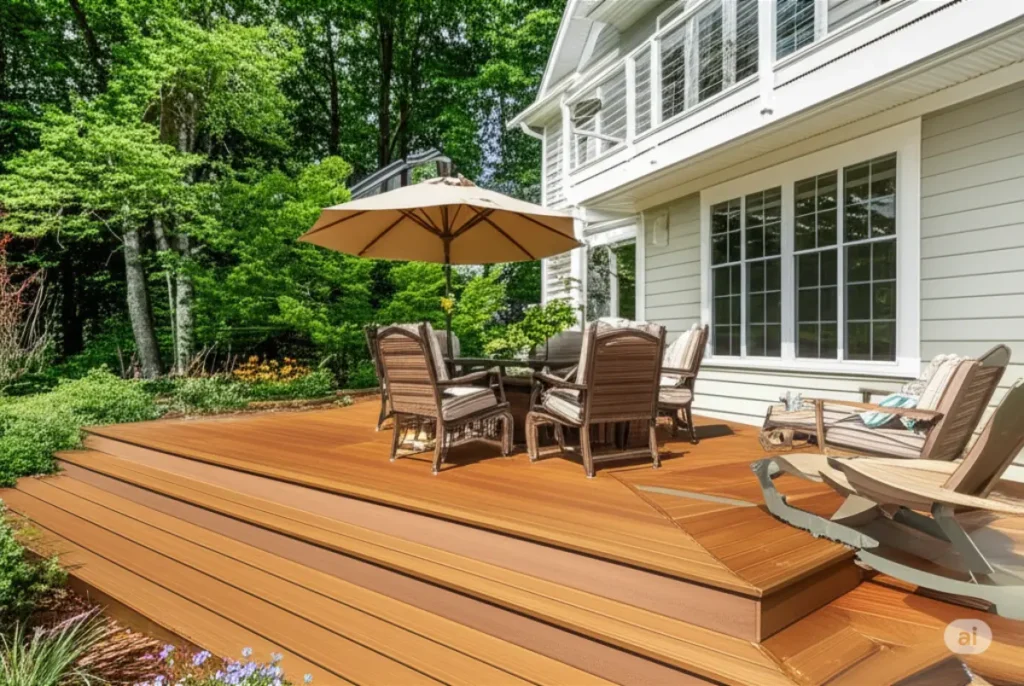 A wide, sun-drenched shot of a beautifully crafted outdoor living space, showcasing a newly installed deck and a section of an elegant fence, designed and built by KD Fence & Deck Services. The deck features rich, warm-toned wood or composite materials, arranged in an appealing pattern. Comfortable outdoor furniture, such as a stylish dining set under a large umbrella and inviting lounge chairs, is placed strategically on the deck. Lush greenery and vibrant flowering plants surround the area, creating a seamless blend with the natural environment. A section of a high-quality fence, built with attention to detail, subtly defines the perimeter of the outdoor space, suggesting both privacy and an extension of the home's architecture. The overall impression is one of a luxurious yet comfortable outdoor retreat, perfectly designed for relaxation and entertainment, embodying the magic that KD Fence & Deck Services can create. The image should evoke a feeling of high quality, craftsmanship, and the realization of a dream outdoor living space.