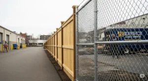 A sharp, wide-angle image of a commercial property in Buffalo, NY, featuring a newly installed fence provided by KD Fence & Deck Services. The fence might be a durable wood fence, a modern aluminum fence, or a sturdy chain link fence, depending on the property's specific needs. The image should highlight the fence's quality and professionalism. The lighting is bright and even, showcasing the fence's details and the surrounding property, potentially a warehouse or a business park. The background could include some Buffalo-specific features, such as the architecture of the city or hints of the Erie Canal, enhancing the local connection. A KD Fence & Deck Services branded truck or a crew member in uniform could be subtly placed in the background to reinforce the brand. The overall feel of the photo is high-quality, professional, and instills trust, conveying the message that KD Fence & Deck Services provides top-notch commercial fencing solutions in Buffalo.