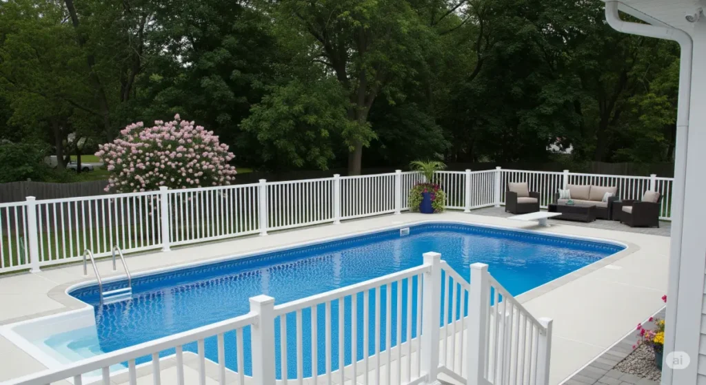 A high-quality, professional photo showcasing a recently installed pool fence and railing project in Buffalo, NY. The image features KD Fence & Deck's signature craftsmanship, with pristine white vinyl fencing and sleek, modern railings surrounding a sparkling blue pool. The backdrop could be a lush, green backyard with blooming flowers or a sophisticated patio setting with comfortable outdoor furniture, conveying a sense of relaxation and safety. The photo is taken from a slightly elevated angle, offering a panoramic view of the entire pool area and showcasing the seamless integration of the fence and railing system. The image conveys a sense of security and peace of mind, emphasizing KD Fence & Deck's expertise in creating beautiful and functional pool enclosures.