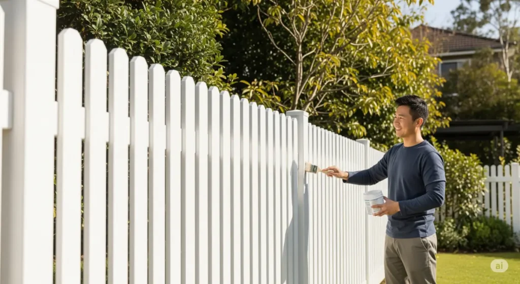 A wide-angle view of a pristine white picket fence standing tall against a backdrop of a lush green garden, possibly in a suburban neighborhood. The fence is perfectly aligned, showcasing consistent spacing and uniformity. A smiling Asian male in his late 30s wearing comfortable clothes is applying a protective sealant to the fence with a paintbrush, demonstrating the proper technique for fence upkeep. The sunlight bathes the scene in a warm, inviting glow, casting soft shadows. The clarity of the image ensures that the details of the fence, from its paint to the individual pickets, are easily discernible. This vibrant, cheerful image perfectly represents a blog post focused on keeping fences looking their best, conveying a sense of accomplishment and pride in homeownership.