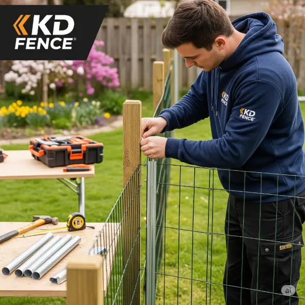 A DIY fence installation project in progress, showcasing a person clad in KD Fence attire, diligently working on the fence construction. The individual is carefully attaching a section of fencing, focusing on precise alignment and sturdy fastening. The background reveals a typical suburban backyard setting, with lush green grass and blooming flowers. A variety of tools are neatly arranged nearby, including a hammer, a measuring tape, and fence posts. The lighting is bright and natural, highlighting the details of the installation process. The overall style of the image is a blend of DIY instructional photography and a promotional image for KD Fence. The scene captures a moment of active involvement and skill in the DIY fence installation, emphasizing the practicality and user-friendliness of KD Fence products.