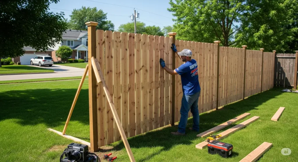 A well-lit photo of a DIY fence installation in progress. A handyman in a Buffalo Bills t-shirt is installing a cedar fence panel on a sunny day in Buffalo, NY. The fence is built on a manicured lawn, with a backdrop of a suburban neighborhood. The image is a cinematic shot with a wide-angle view, showcasing the fence's structure and the tools of the trade in a professional yet friendly manner. A vintage style Canon EOS R5 camera was used for the image. The scene aims to illustrate the practicality and accessibility of DIY fence installation, suggesting that homeowners in Buffalo can achieve quality results with the right resources and tips. The lighting highlights the craftsman's expertise, reinforcing the blog post's focus on providing helpful guidance for successful fence projects.