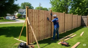 A well-lit photo of a DIY fence installation in progress. A handyman in a Buffalo Bills t-shirt is installing a cedar fence panel on a sunny day in Buffalo, NY. The fence is built on a manicured lawn, with a backdrop of a suburban neighborhood. The image is a cinematic shot with a wide-angle view, showcasing the fence's structure and the tools of the trade in a professional yet friendly manner. A vintage style Canon EOS R5 camera was used for the image. The scene aims to illustrate the practicality and accessibility of DIY fence installation, suggesting that homeowners in Buffalo can achieve quality results with the right resources and tips. The lighting highlights the craftsman's expertise, reinforcing the blog post's focus on providing helpful guidance for successful fence projects.