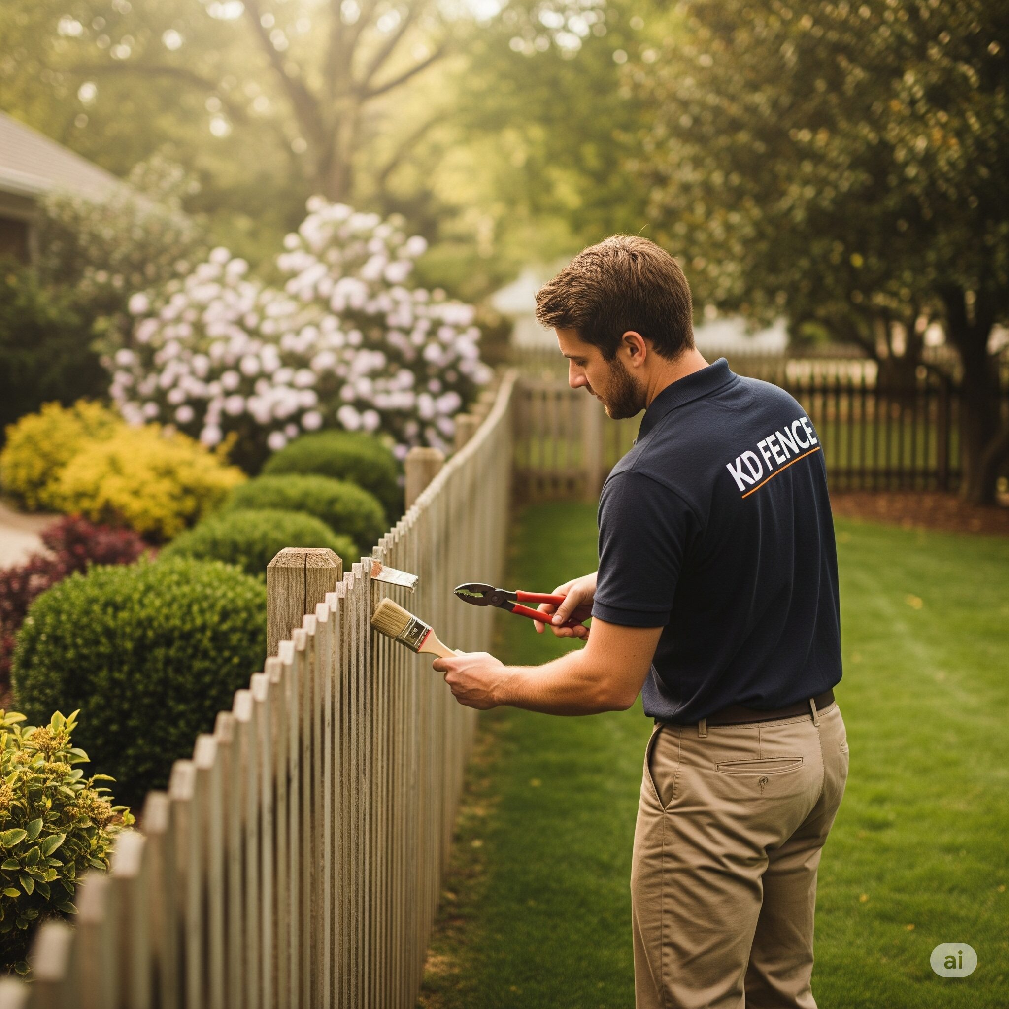 A professional, high-quality photograph of a person in a KD Fence uniform diligently maintaining a wooden fence. The individual is wearing a KD Fence t-shirt and khaki pants, holding a pair of fence pliers and a paintbrush, carefully attending to a section of a traditional wooden fence. The fence is in good condition, with a few areas needing attention. The background includes a tranquil residential setting, with a manicured lawn and a variety of flowering shrubs. The image uses a natural light setting with a warm tone. Sunlight filters through the trees creating a soft light and subtle shadows, adding a sense of warmth and serenity to the scene. The image captures the essence of professional fence maintenance and promotes the brand KD Fence.