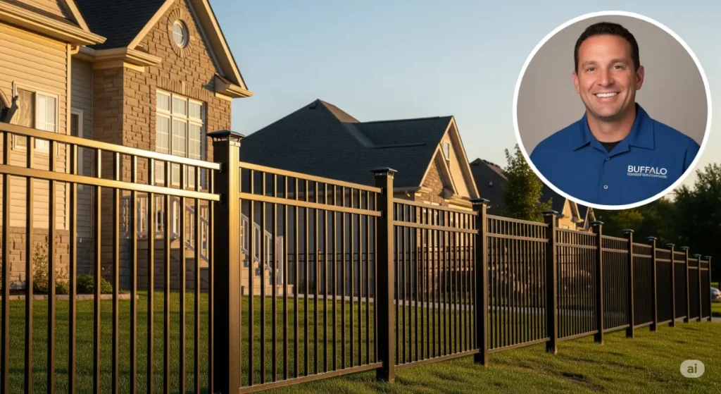 A well-composed, cinematic shot of a newly installed buffalo fence. It features a panoramic view of a residential property, showcasing the fence's intricate design and sturdy construction. A professional Buffalo fence contractor is depicted in the background, smiling proudly, adding a touch of credibility and expertise to the image. The fence stands as a symbol of protection and security, highlighting the importance of safety and boundary establishment for homeowners. The photo is taken in golden hour lighting, resulting in a warm and inviting ambiance. The background is a soft blur, drawing the viewer's attention to the fence itself. This is a visual representation of the crucial role Buffalo fence contractors play in ensuring homeowner security and property beautification, which perfectly matches the blog post's essence of 'must-ask questions' for homeowners engaging with these professionals.