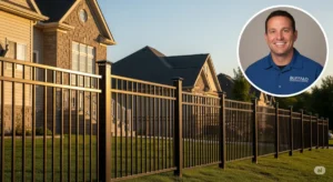 A well-composed, cinematic shot of a newly installed buffalo fence. It features a panoramic view of a residential property, showcasing the fence's intricate design and sturdy construction. A professional Buffalo fence contractor is depicted in the background, smiling proudly, adding a touch of credibility and expertise to the image. The fence stands as a symbol of protection and security, highlighting the importance of safety and boundary establishment for homeowners. The photo is taken in golden hour lighting, resulting in a warm and inviting ambiance. The background is a soft blur, drawing the viewer's attention to the fence itself. This is a visual representation of the crucial role Buffalo fence contractors play in ensuring homeowner security and property beautification, which perfectly matches the blog post's essence of 'must-ask questions' for homeowners engaging with these professionals.
