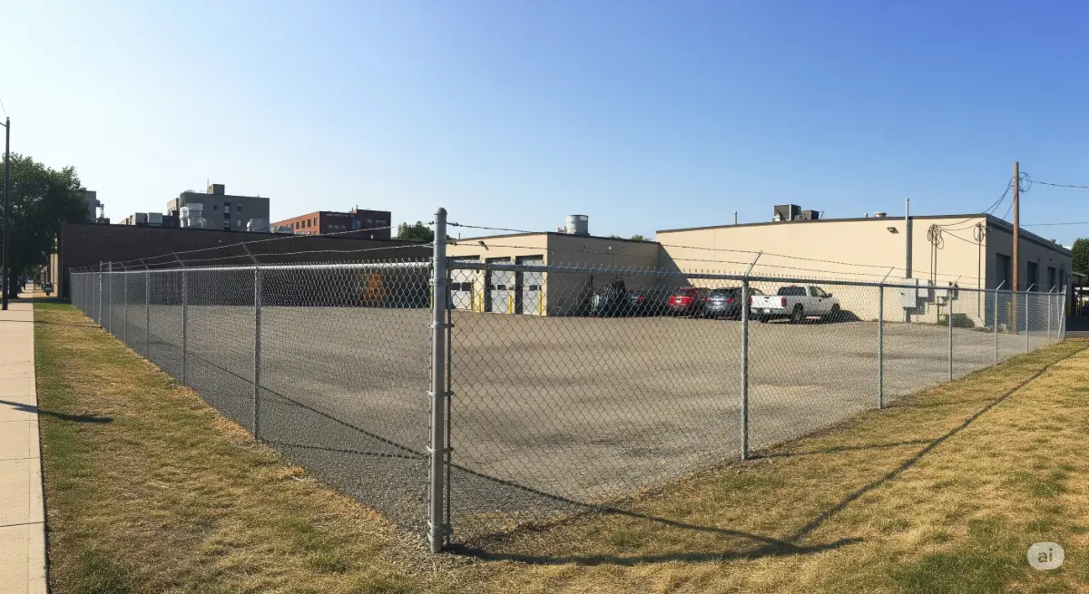 A wide-angle shot of a recently installed commercial chain-link fence surrounding a vibrant commercial property in Buffalo, NY. The image showcases the fence's durability and functionality, with a focus on its ability to provide security and define property lines. The background features a variety of commercial buildings in Buffalo's industrial district, highlighting the diversity of clients who benefit from quality commercial fencing. The lighting in this high-quality photograph is well-balanced, showcasing the fence and its surroundings with clarity and a professional aesthetic. It's a suitable image for a blog post that addresses frequently asked questions about commercial fencing in Buffalo, aiming to convey security, practicality and professionalism.