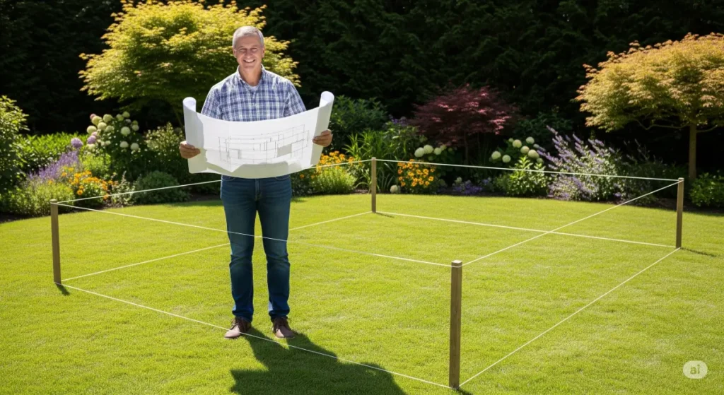 A bright, sunny day features a homeowner planning the layout of a new fence in their backyard. The homeowner has marked out the area where the fence will be built using white string. The homeowner is holding a blueprint and smiling towards the camera, a look of enthusiasm and determination on their face. The background features a well-manicured lawn with beautiful flower beds and a few mature trees. The composition of the image is centered on the homeowner and the outlined area for the fence, creating a sense of anticipation and excitement about the upcoming project. The light is natural and diffused, creating soft shadows that enhance the image's overall aesthetic, making it an excellent visual representation for a blog post about fence planning.