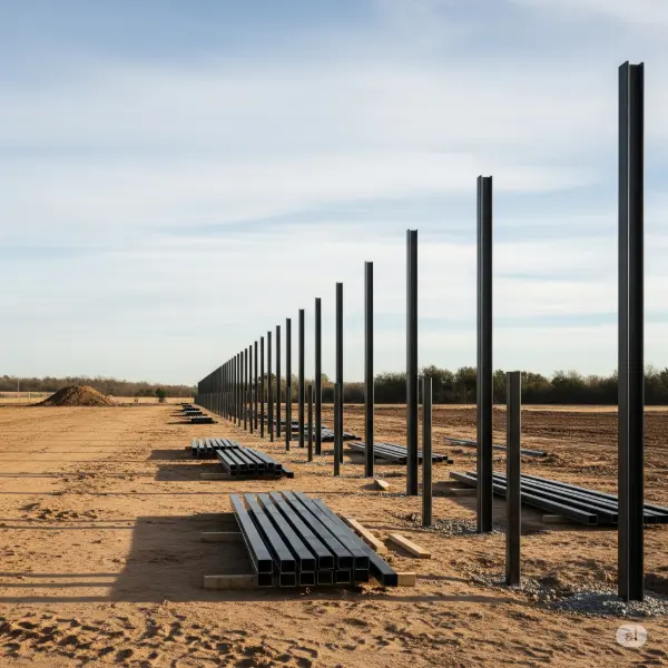 A high-quality, professional photograph of a pre-construction fence site, devoid of humans. The image features a level patch of land with building materials and posts neatly arranged in preparation for the fence's erection. No individuals are present, emphasizing the initial stage of the project. The photograph uses a wide-angle lens to capture the expanse of the site, offering a panoramic view of the future fence's location. The lighting in the image is bright and even, showcasing the materials in clear detail against a light blue sky with soft clouds. The style is reminiscent of an architectural photography showcasing the initial stage of an outdoor project.