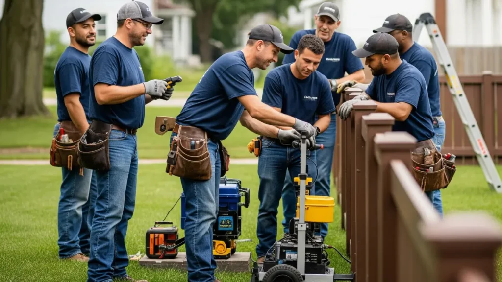 A high-quality, professional image showcasing a team of diverse fence contractors in Buffalo, NY, hard at work installing a beautiful new fence. The image features a mix of experienced and friendly workers, maybe a woman foreman, collaborating seamlessly. They're using modern equipment and tools with a focus on quality and precision. A clean, professional image with a focus on the fence installation process and their friendly and expert team. The scene is set in a residential neighborhood in Buffalo, NY, with lush green grass and a mix of homes in the background, the fence is a dark brown wood and blends in with the other houses. Taken with a Canon EOS R5 camera, with a bright, clean, and clear natural lighting that shows off their hard work.