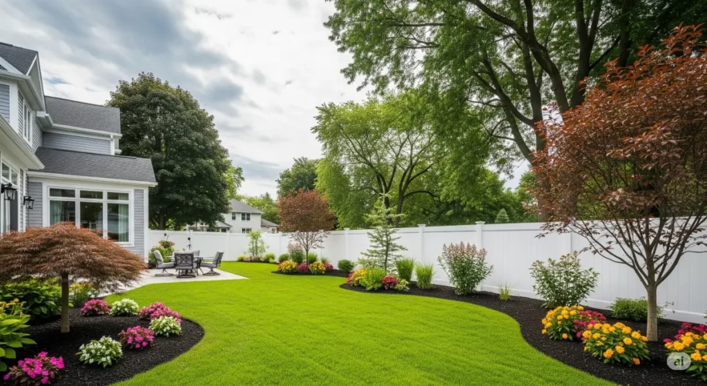 A wide-angle shot of a beautifully landscaped backyard in Buffalo, NY, featuring a newly installed vinyl fence with a contemporary design. The fence is white and has a clean, sleek appearance, complementing the modern aesthetic of the home. The homeowner's meticulous landscaping, which includes lush green grass, colorful flowerbeds, and mature trees, is highlighted by the fence's clean lines and strong presence. The photograph captures the peace and privacy that a quality fence provides. It features a professional, high-resolution aesthetic, creating a mood of sophistication and inviting security to this Buffalo home, ultimately portraying the ability of the best fence contractors in Buffalo NY to enhance a property's look and feel.