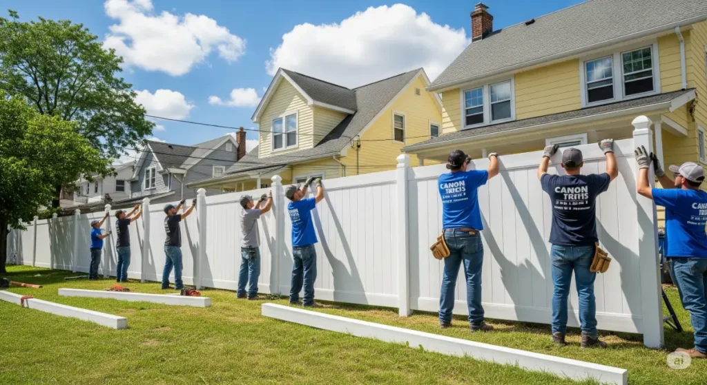 A professional crew installing a sturdy, high-quality vinyl fence in a Buffalo, NY, residential neighborhood. The image features a diverse team of fence installers working diligently, showcasing their expertise and attention to detail. It is a bright sunny day, with blue sky and a few puffy white clouds. The scene is vibrant with life, with green grass, blue sky and the house behind the fence painted a pale yellow with white trim. The composition captures the professionalism of the fence installers and the quality of the fence installation, with a focus on teamwork and the finished product. It is well lit and has a modern, professional feel. It's a clear, crisp photo taken with a Canon 5D Mark IV camera, designed to capture the essence of a professional fence installation, with a wide-angle shot for a wider context of the fence installation.