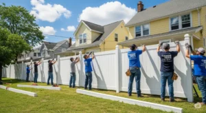 A professional crew installing a sturdy, high-quality vinyl fence in a Buffalo, NY, residential neighborhood. The image features a diverse team of fence installers working diligently, showcasing their expertise and attention to detail. It is a bright sunny day, with blue sky and a few puffy white clouds. The scene is vibrant with life, with green grass, blue sky and the house behind the fence painted a pale yellow with white trim. The composition captures the professionalism of the fence installers and the quality of the fence installation, with a focus on teamwork and the finished product. It is well lit and has a modern, professional feel. It's a clear, crisp photo taken with a Canon 5D Mark IV camera, designed to capture the essence of a professional fence installation, with a wide-angle shot for a wider context of the fence installation.