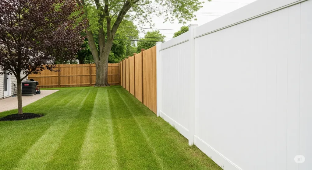 A wide-angle view of a Buffalo, NY residential property featuring both a wood and a vinyl privacy fence. The fence lines are prominently displayed, highlighting the different materials and aesthetics. The vinyl fence is a clean, white, contrasting nicely against the natural brown tones of the wood fence. The background includes a portion of a well-kept lawn with healthy green grass and a few mature trees. The overall scene is well-lit with natural daylight, showcasing the fences in their best light. The color palette is warm and inviting, with vibrant greens and soft browns, adding to the visual appeal of a blog post about fence installations in Buffalo, NY. A professional, high-quality image with a natural light feel that emphasizes the beauty and functionality of the fences.