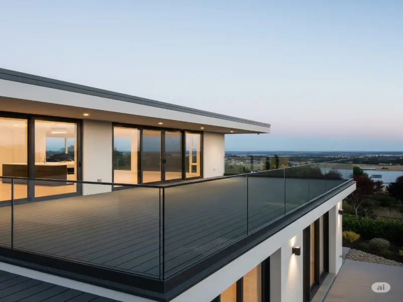 Second story deck without posts in elegant modern house