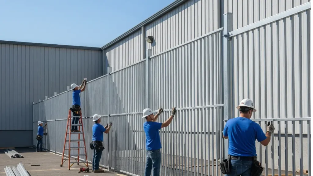 Fence team installing fence in commercial property
