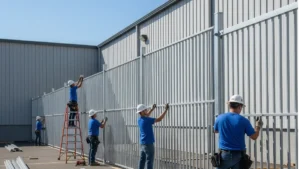 Fence team installing fence in commercial property