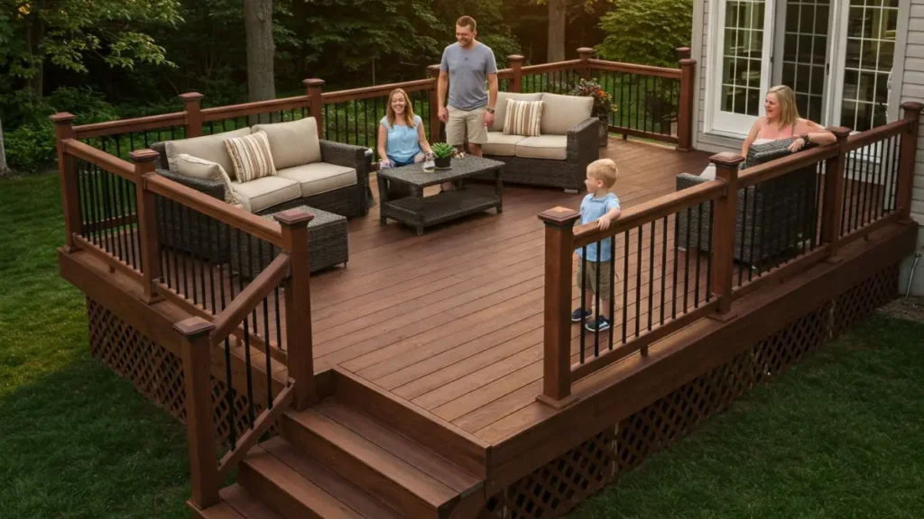 Custom deck build in residential home, family enjoying in the deck