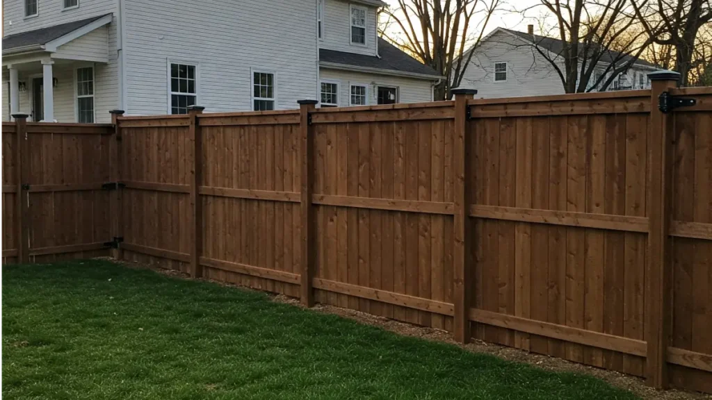 Fencing service in Lancaster NY featuring a newly installed fence in a grassy area
